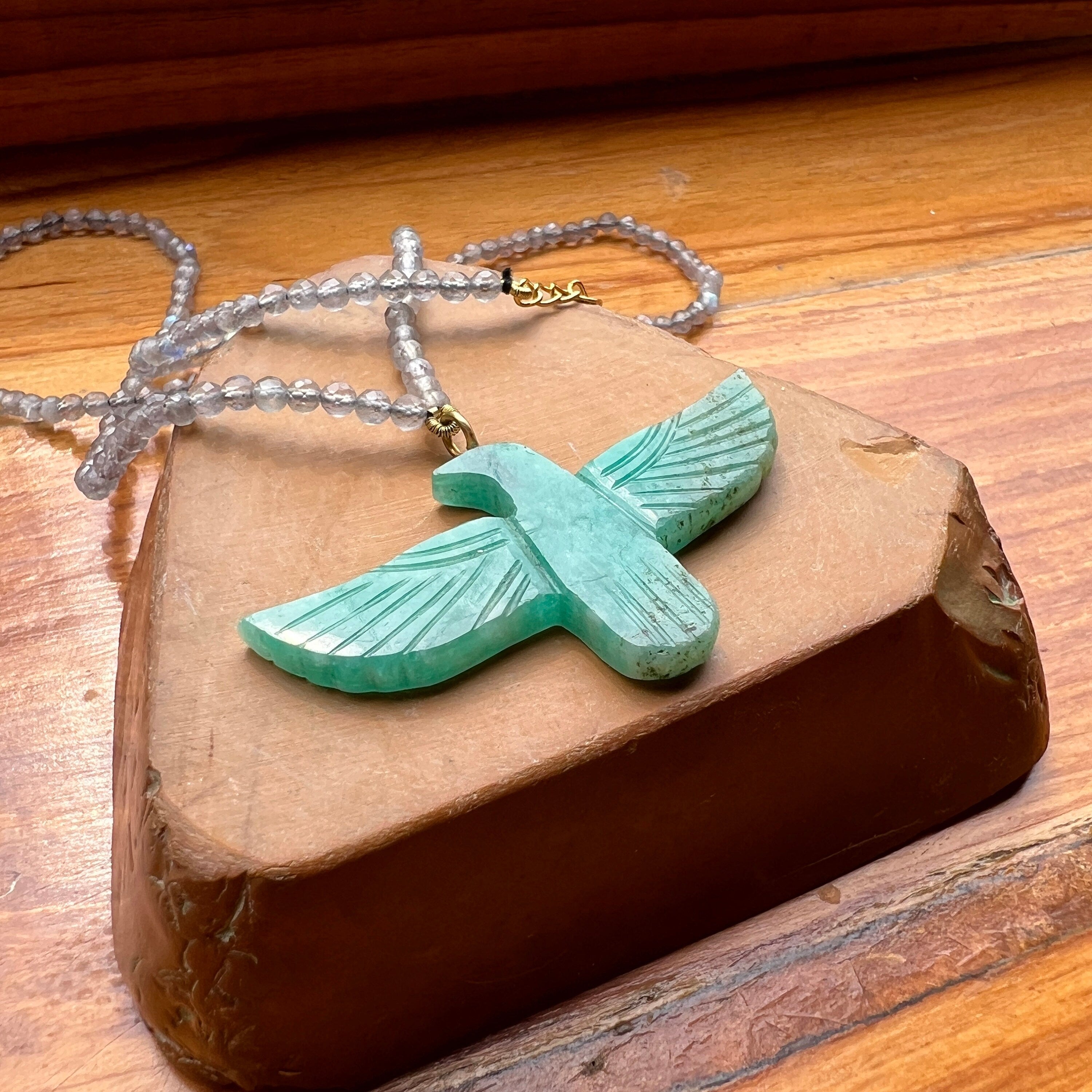 Green Amazonite Soaring Phoenix Bird Pendant Necklace