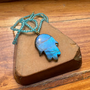 Hamsa Hand Labradorite Hand Carved Pendant Necklace
