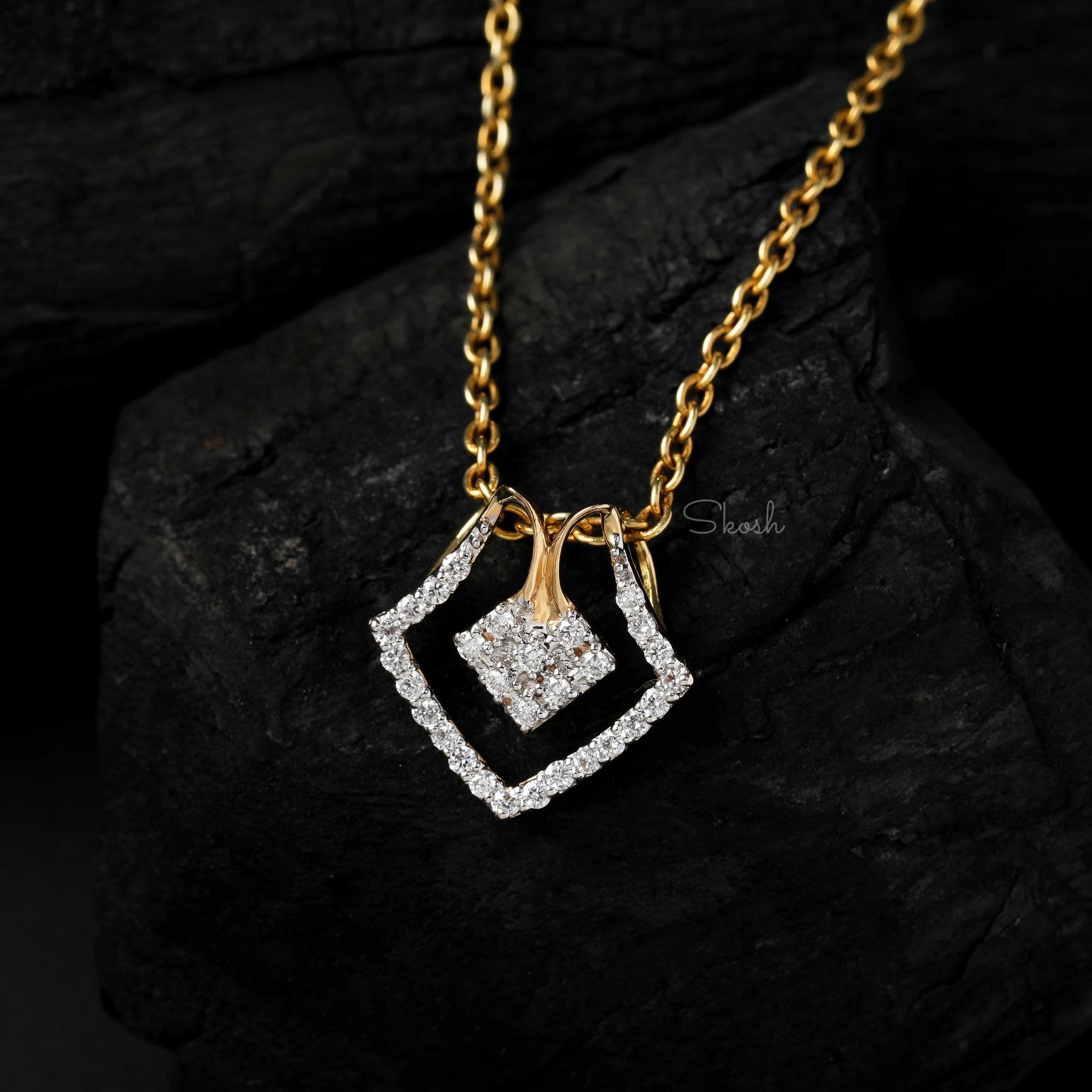 Geometric Square Diamond Charm Pendant Necklace