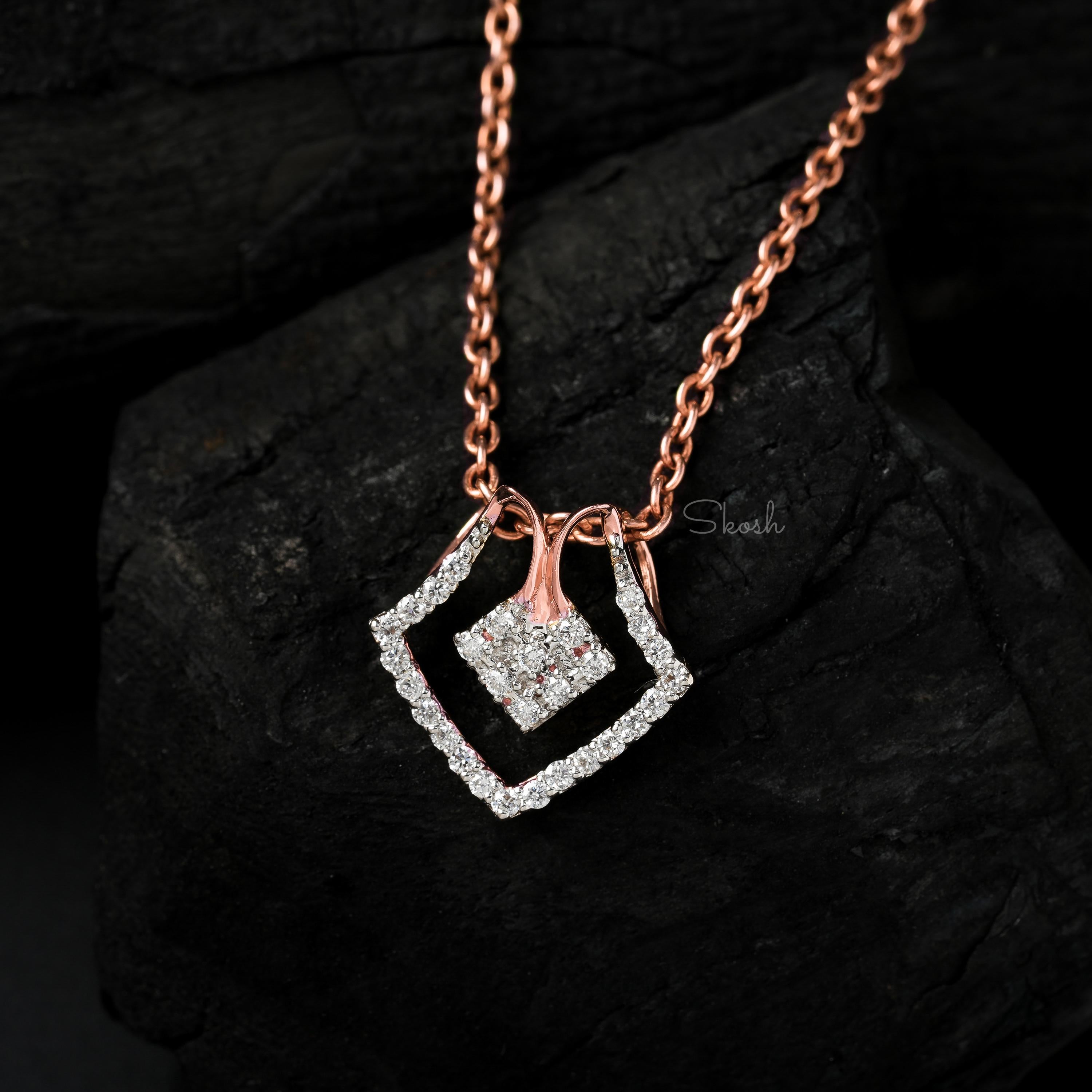 Geometric Square Diamond Charm Pendant Necklace