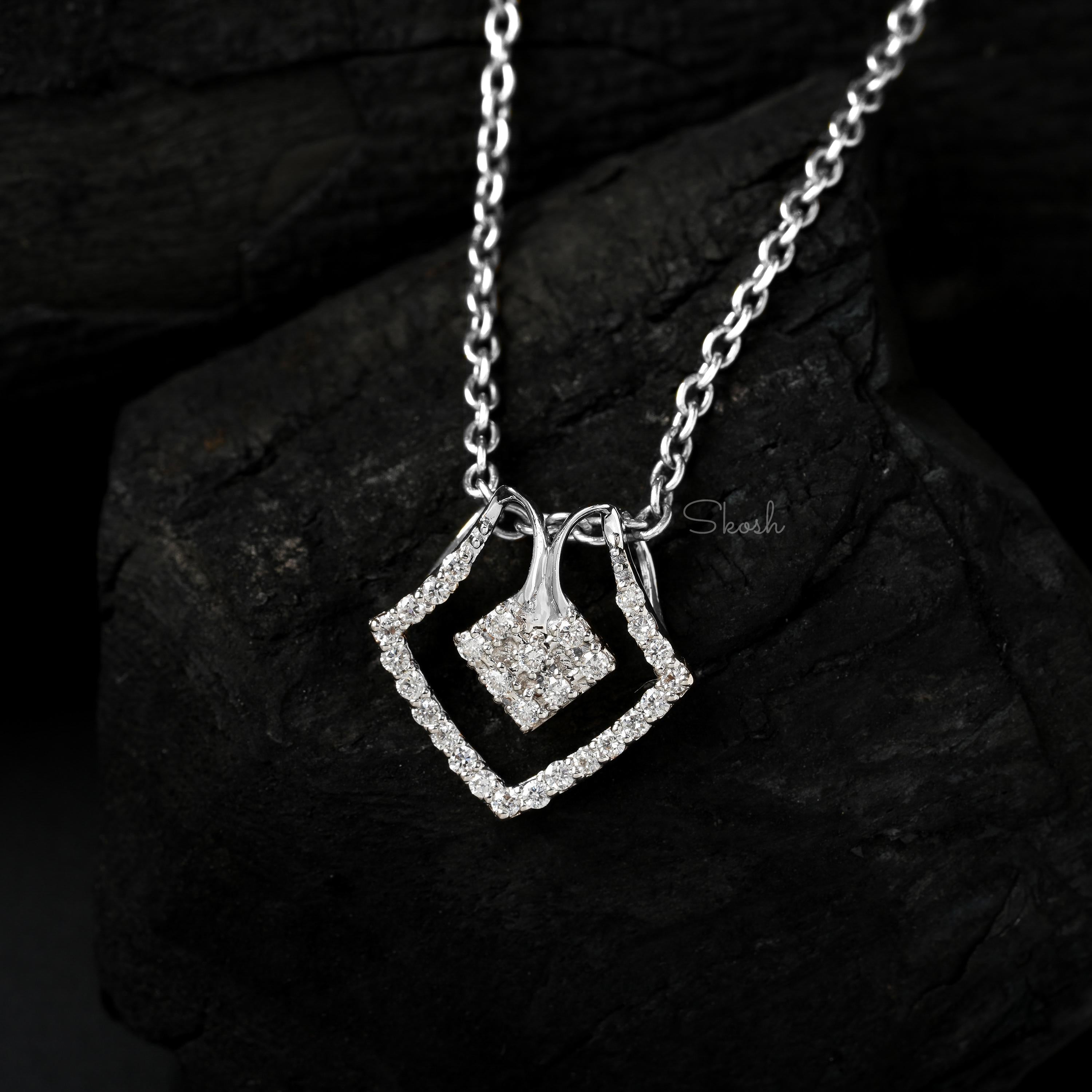 Geometric Square Diamond Charm Pendant Necklace
