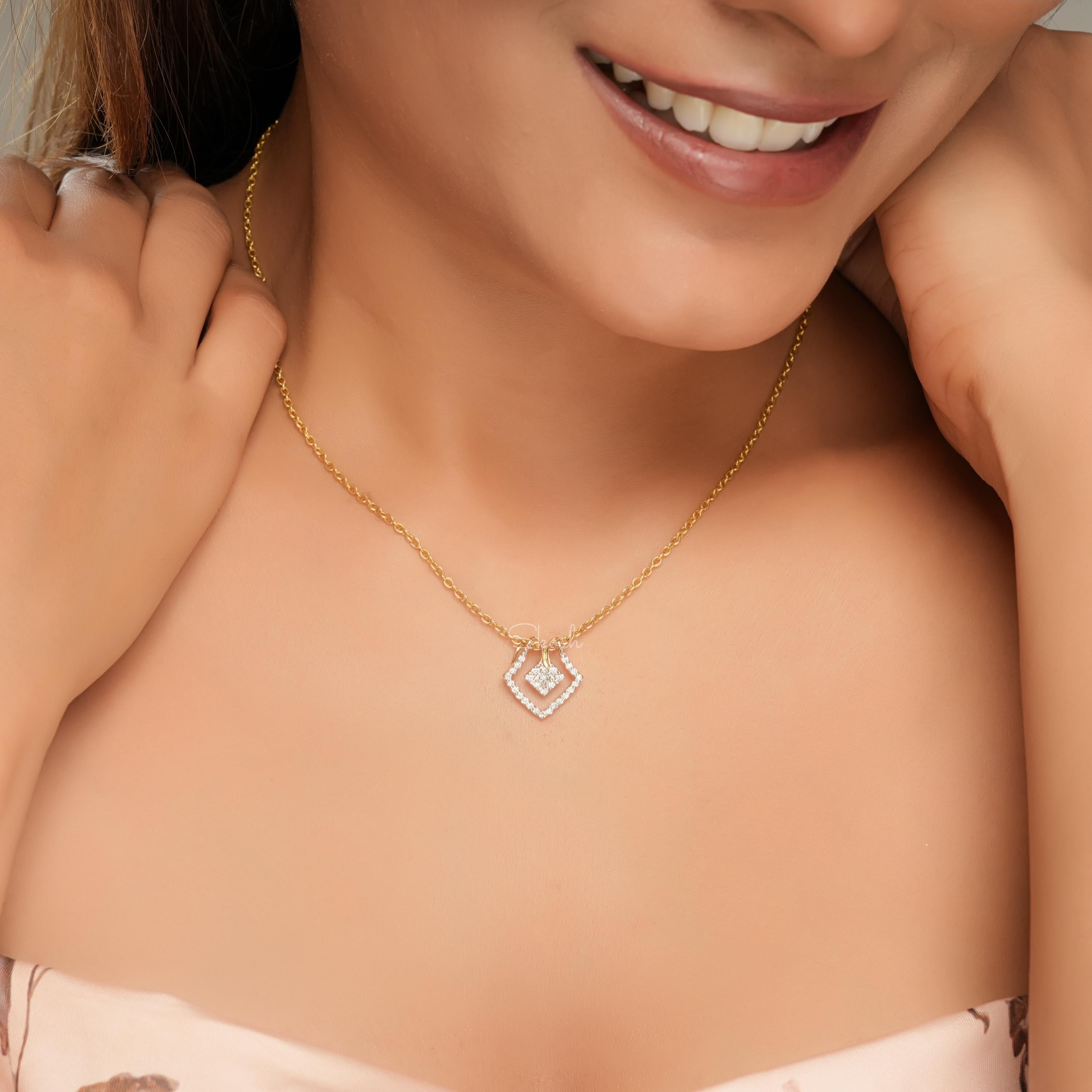 Geometric Square Diamond Charm Pendant Necklace