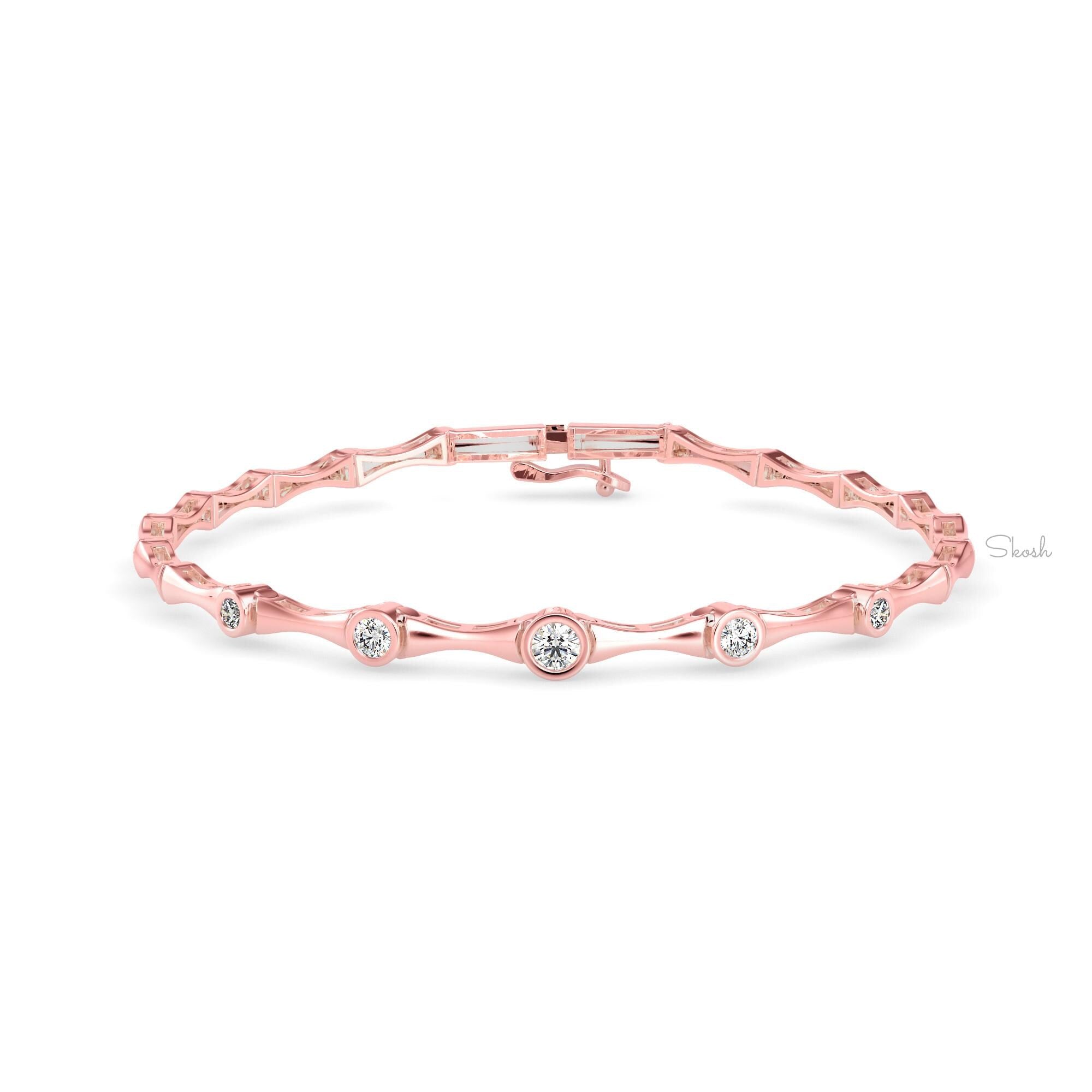 Round Cut Bamboo Solitaire Diamond Tennis Bracelet