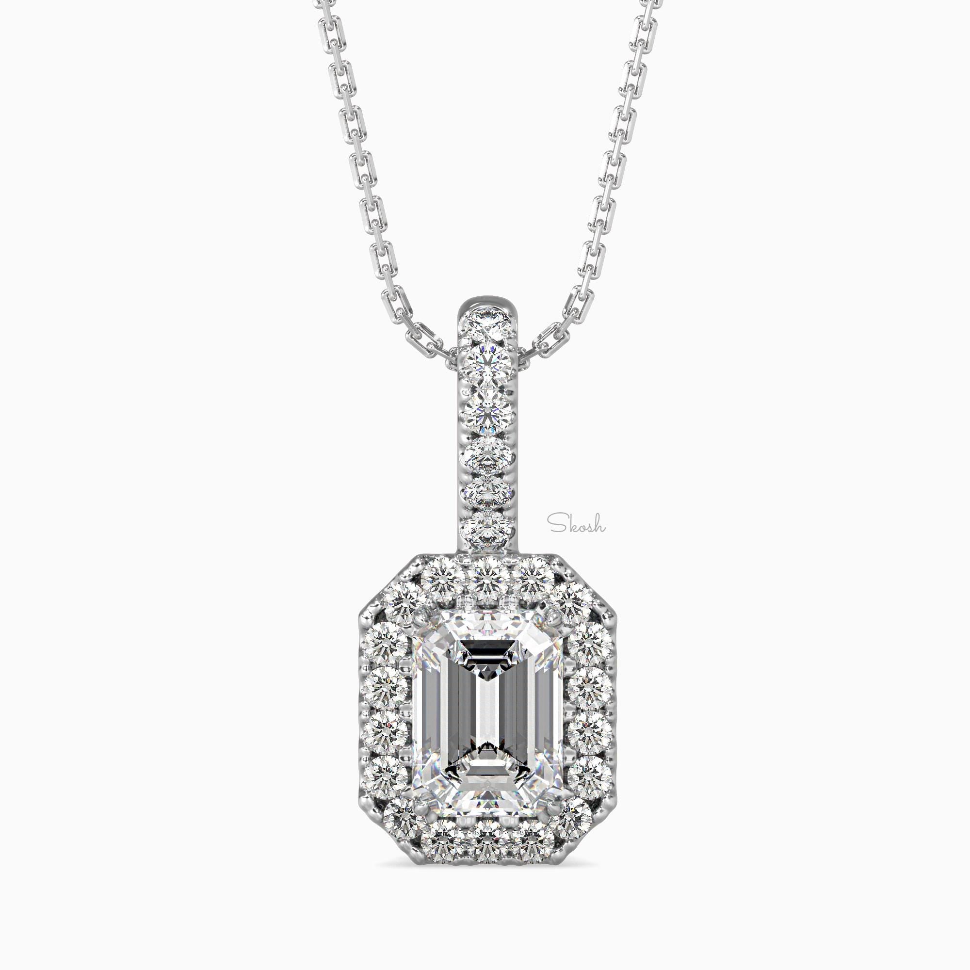 1 CTW Emerald Cut Halo Diamond Solitaire Pendant Necklace