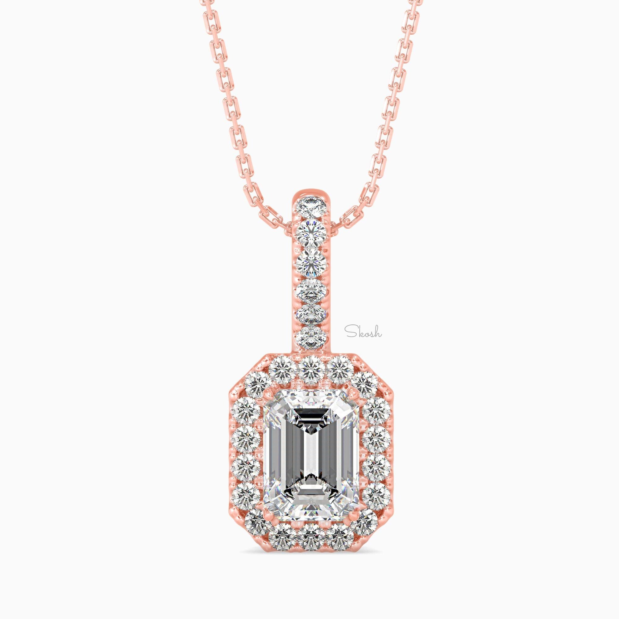 1 CTW Emerald Cut Halo Diamond Solitaire Pendant Necklace