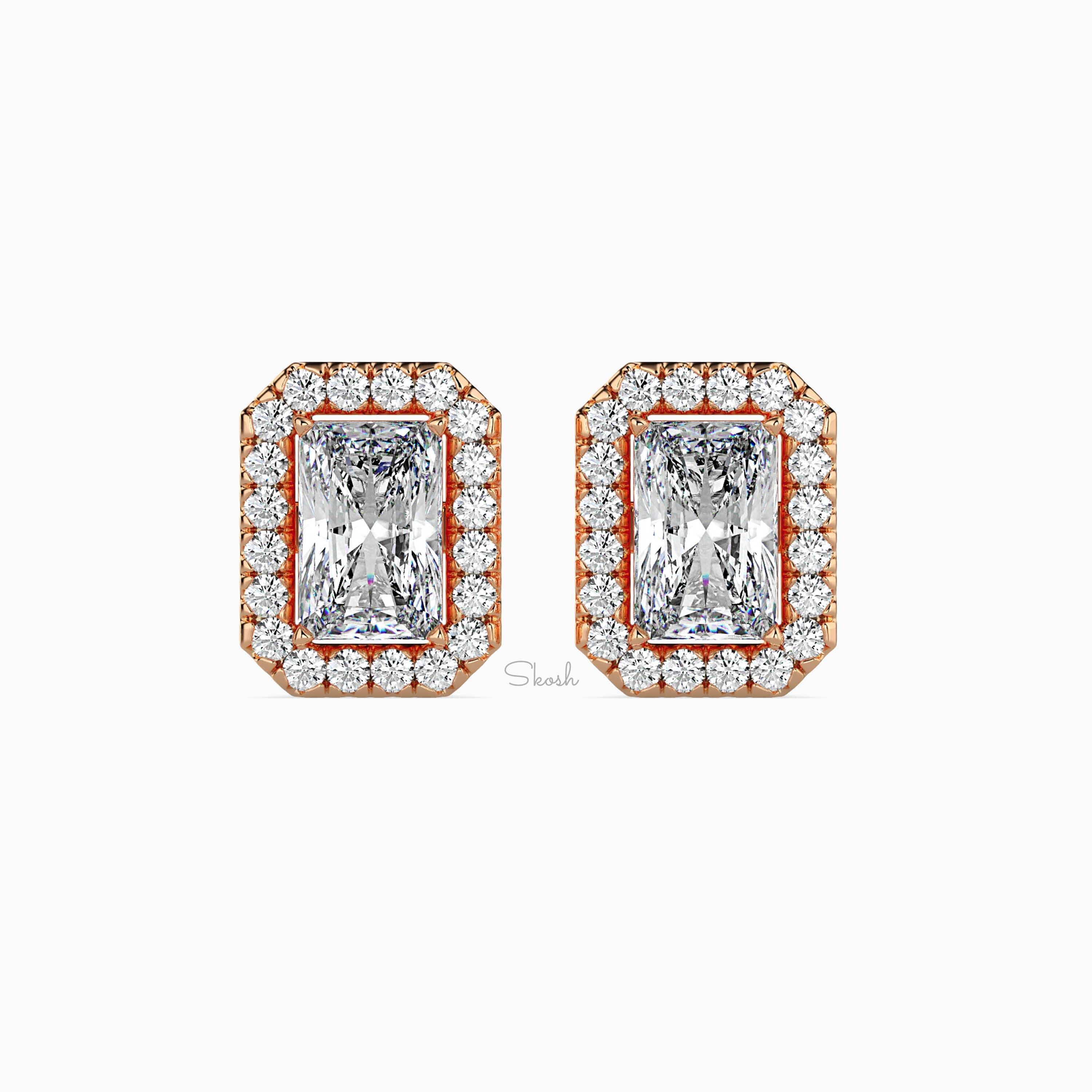 IGI Certified 1-6 Carats Radiant Cut Lab Grown Diamond Halo Solitaire Stud Earrings