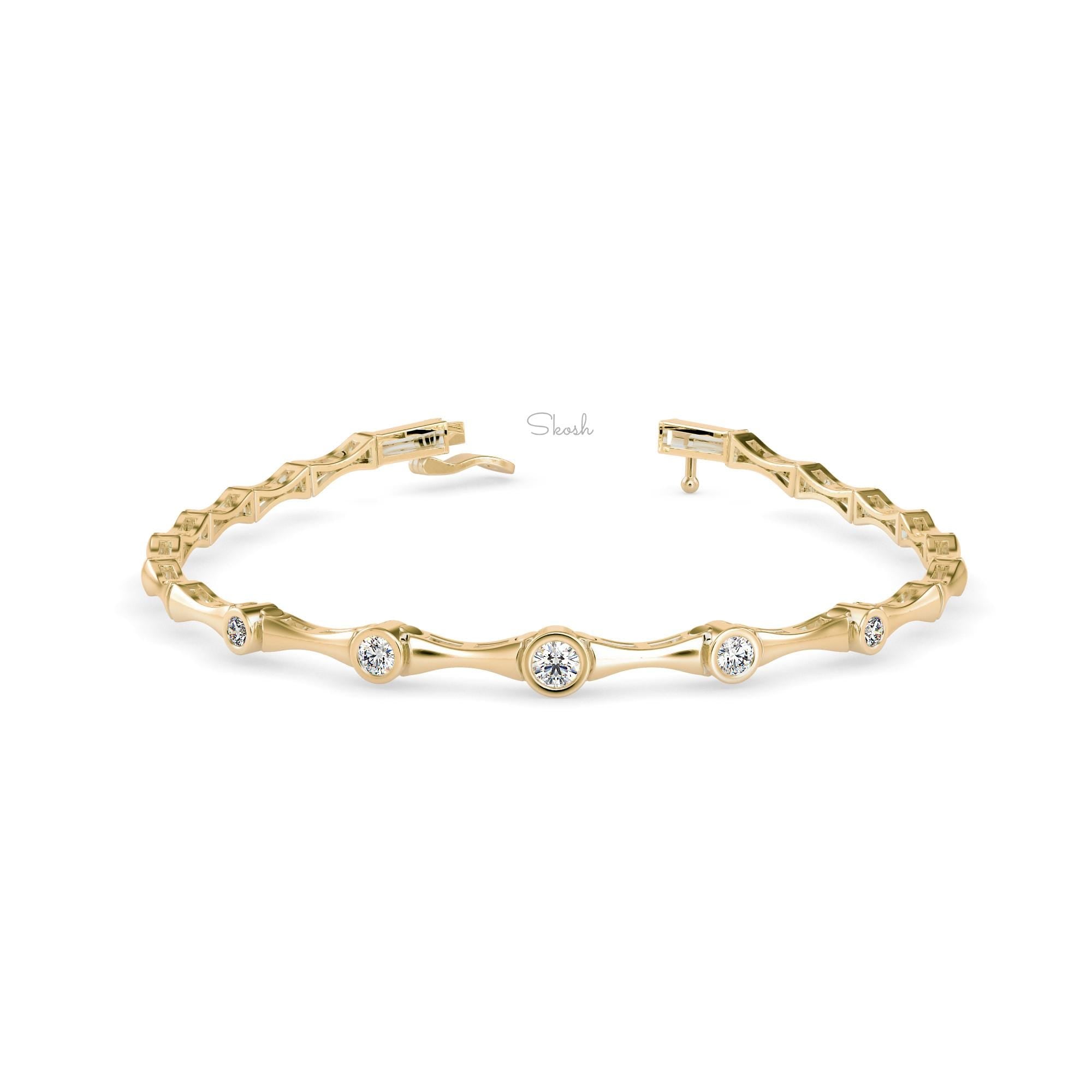 Round Cut Bamboo Solitaire Diamond Tennis Bracelet