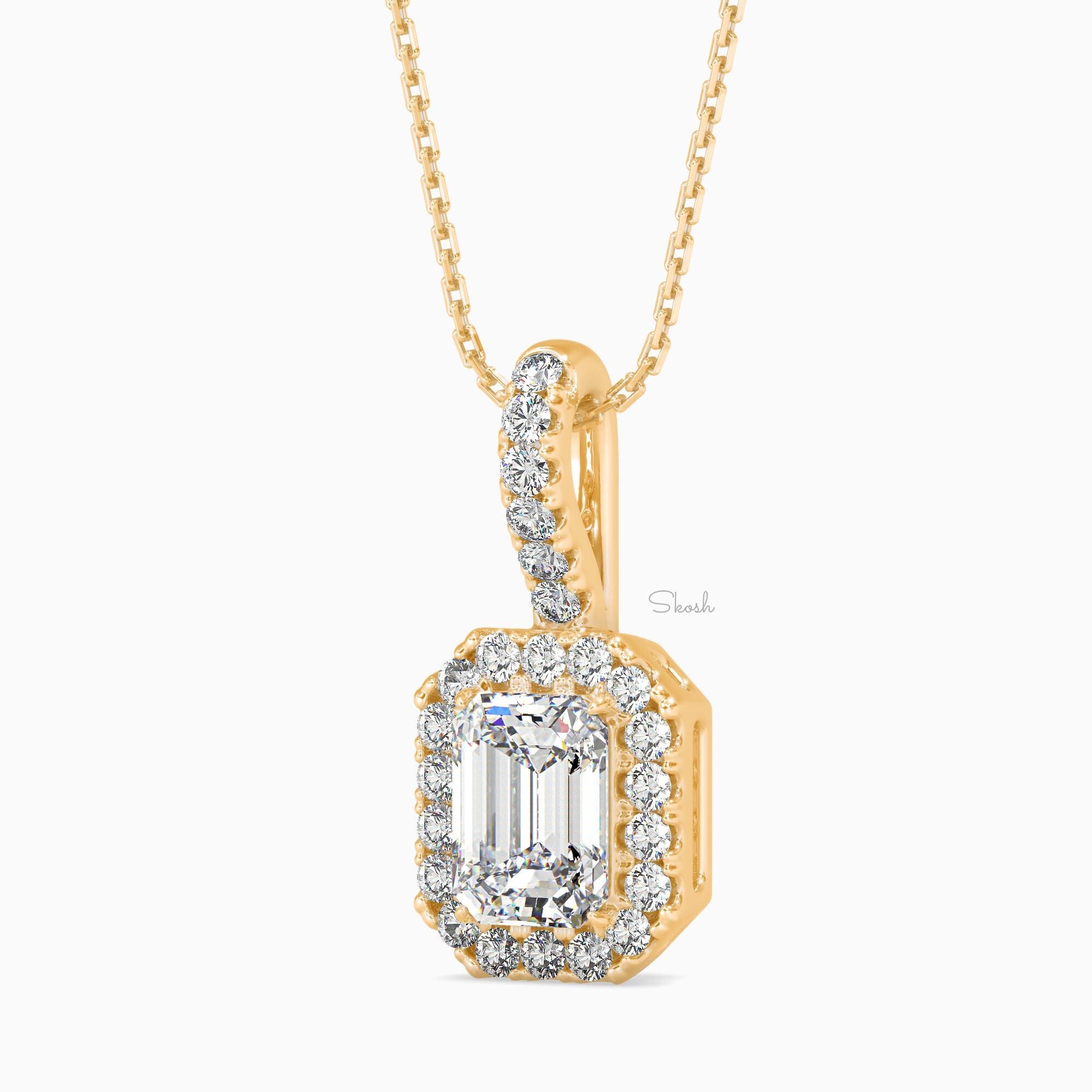 1 CTW Emerald Cut Halo Diamond Solitaire Pendant Necklace