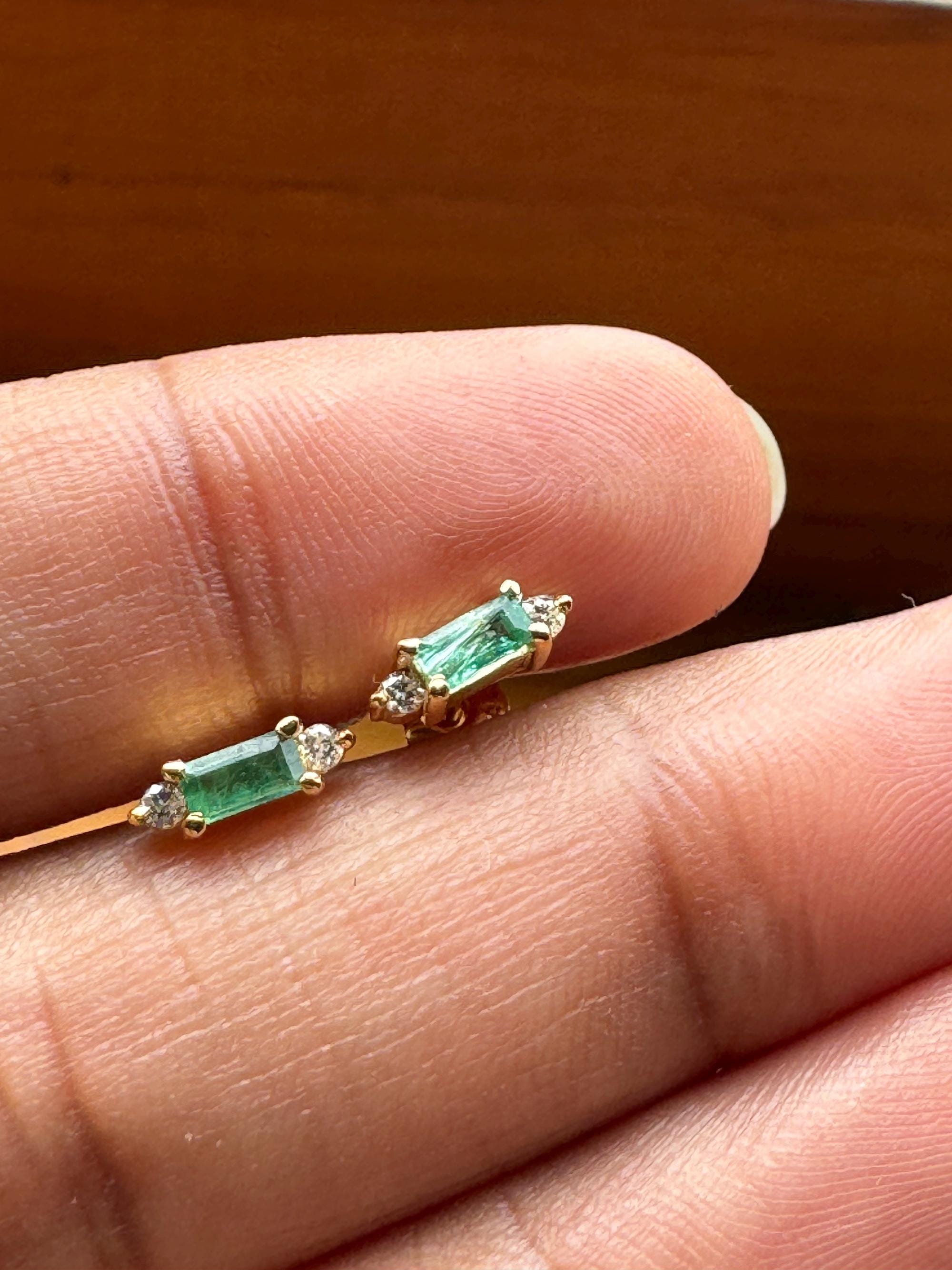 Gold Green Emerald Diamond Studs