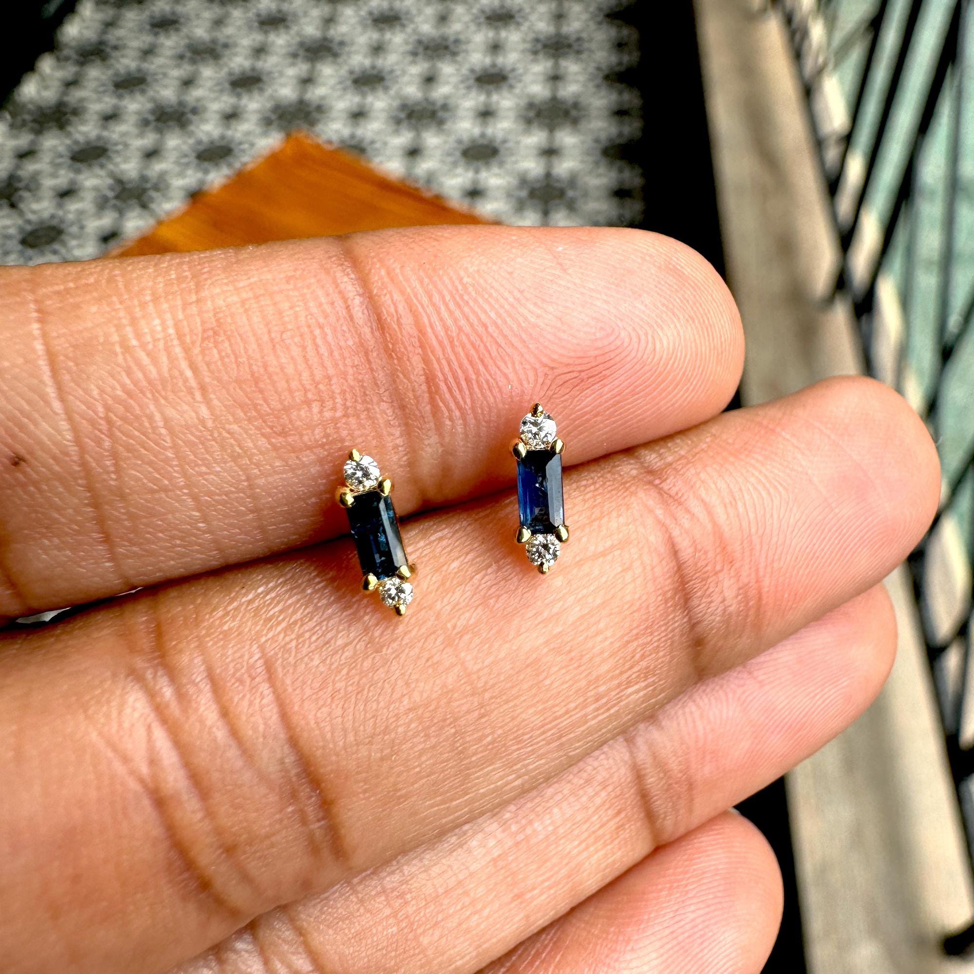 Minimal Tiny Blue Sapphire Diamond Studs