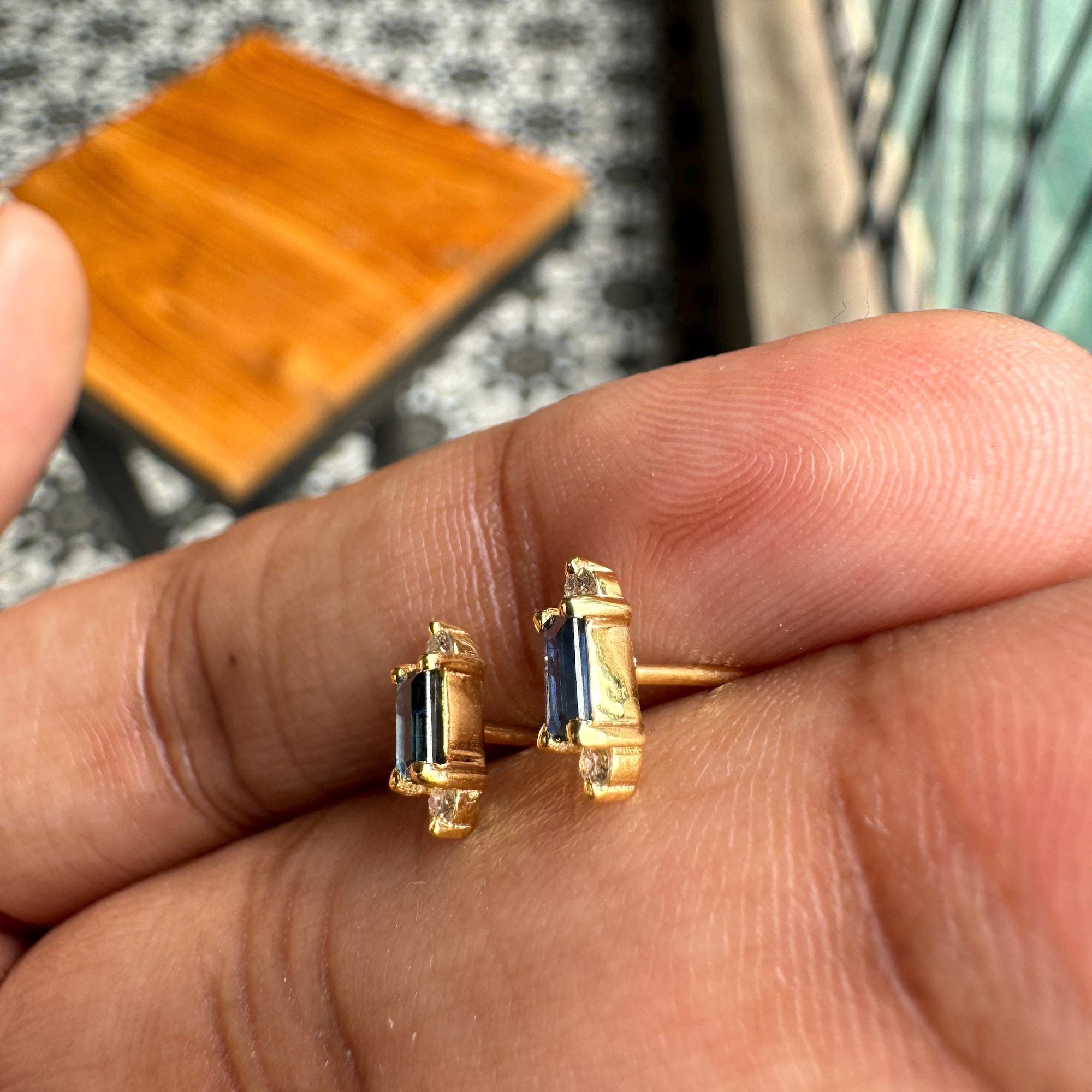 Minimal Tiny Blue Sapphire Diamond Studs