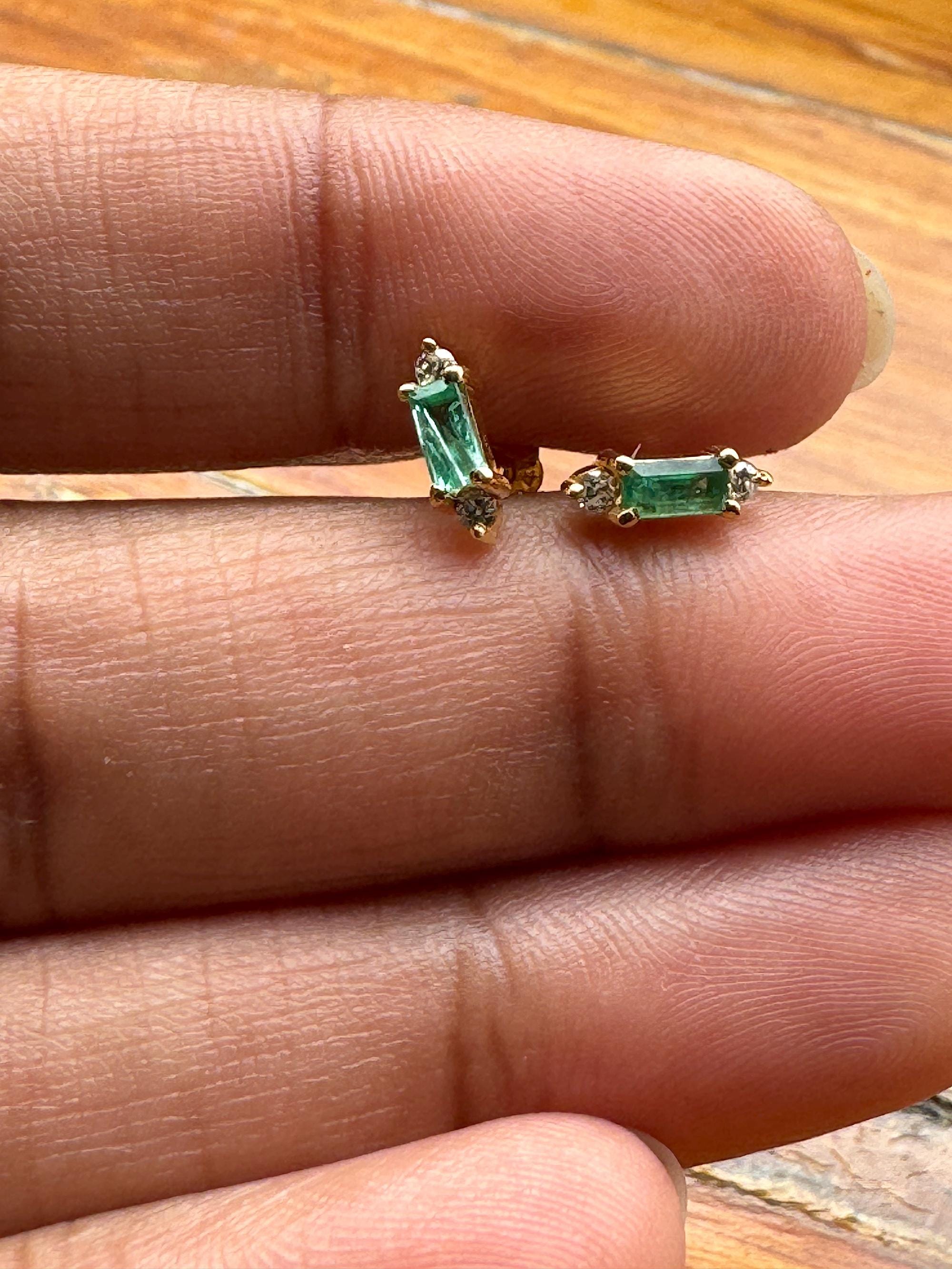 Gold Green Emerald Diamond Studs