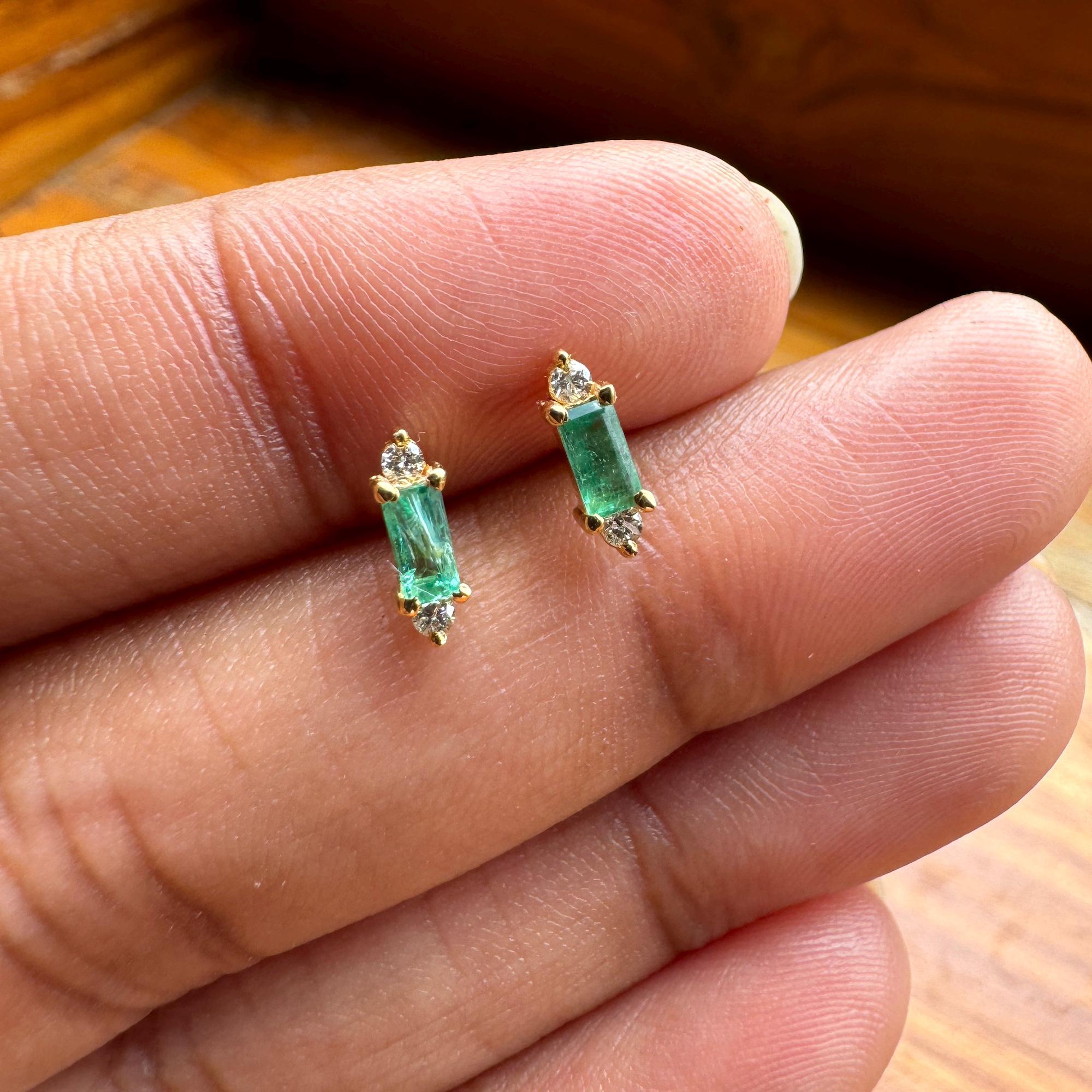 Gold Green Emerald Diamond Studs