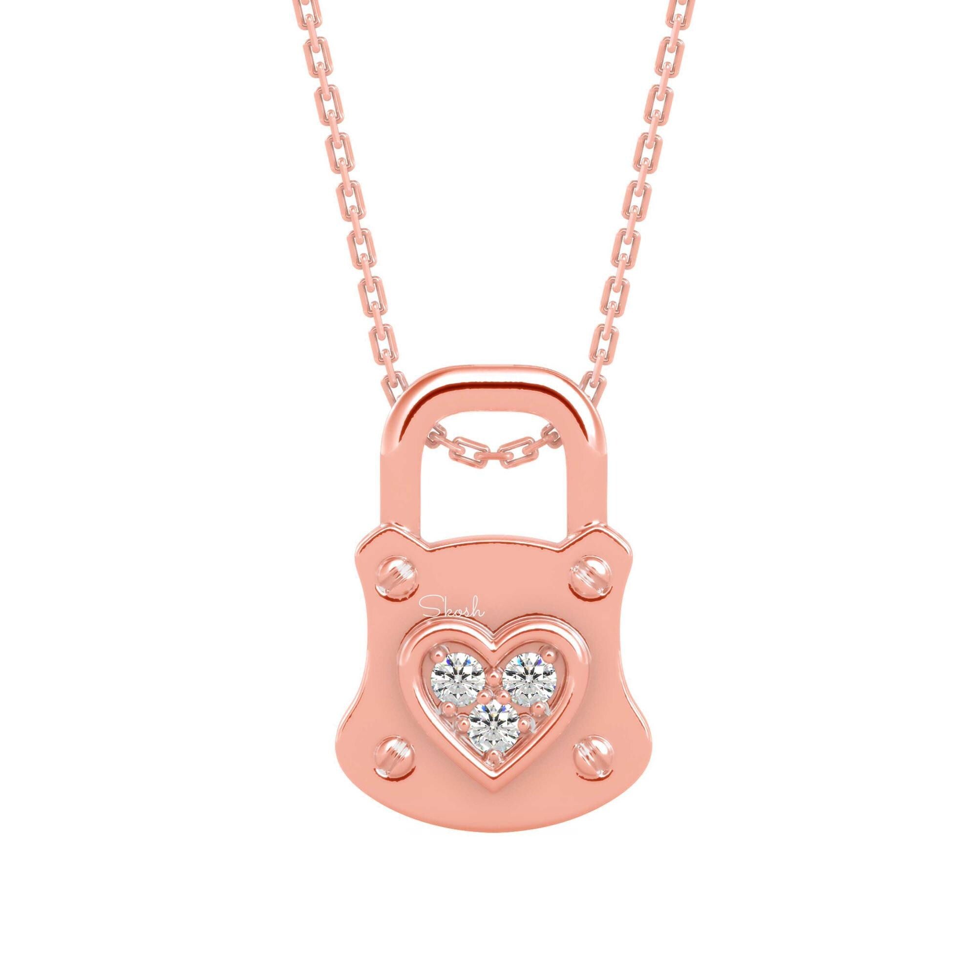Heart Lock Diamond Charm Pendant Necklace