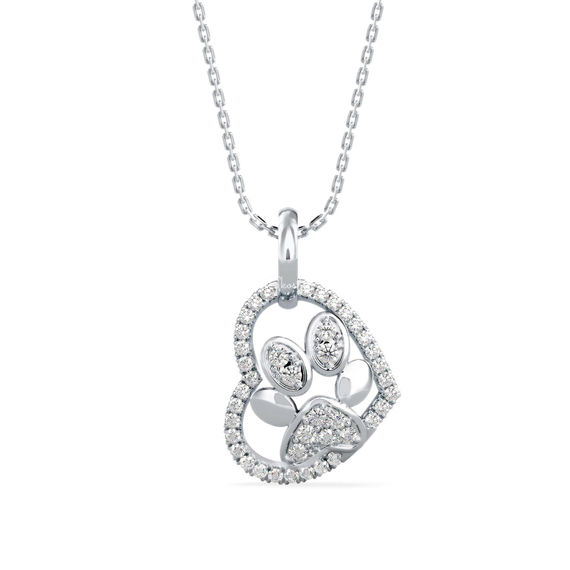 Heart Dog Paw Diamond Charm Pendant Necklace