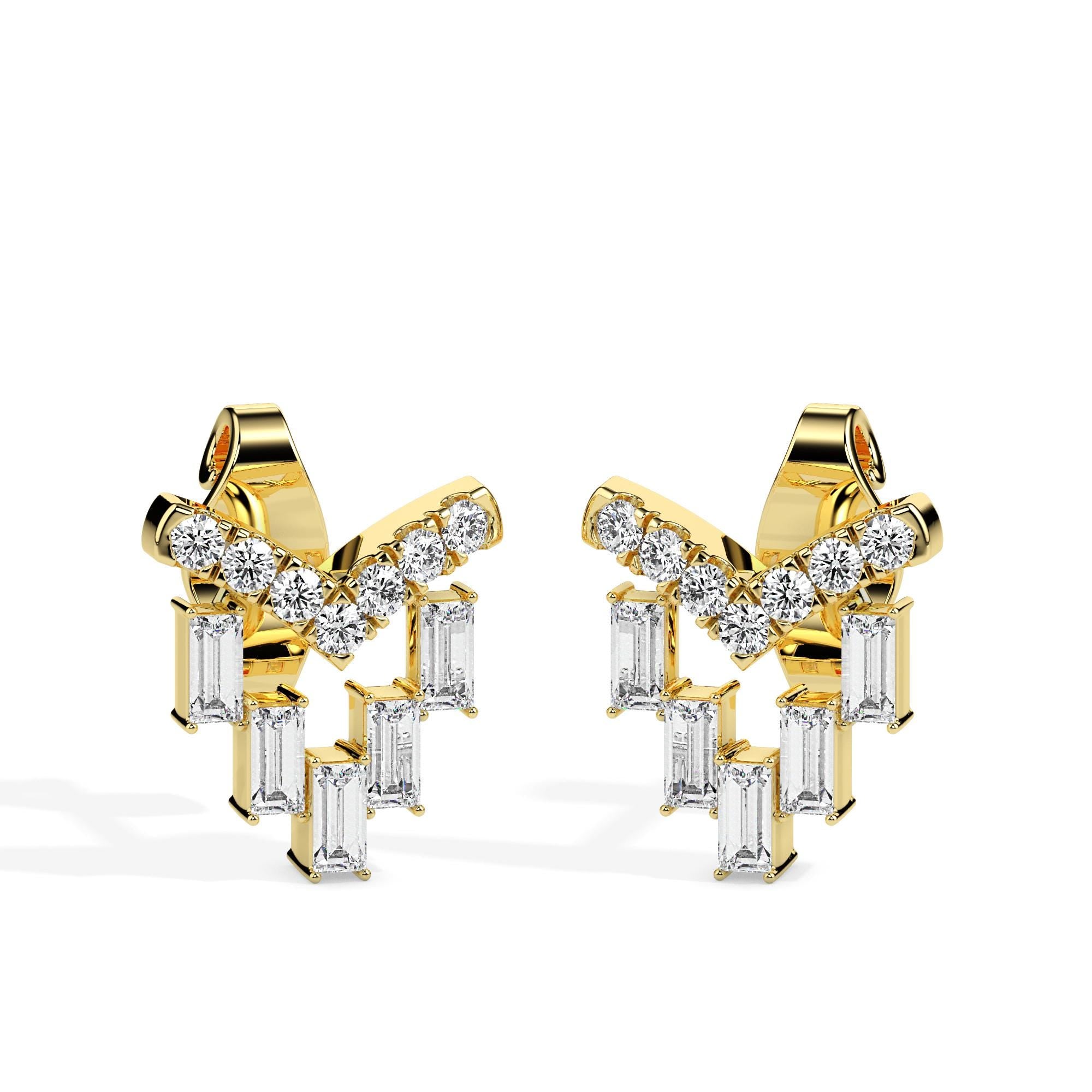 Elegant 14k Gold Baguette Cut Diamond Chandelier Stud Earrings