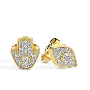 Gold Hamsa and Evil Eye Diamond Stud Earrings