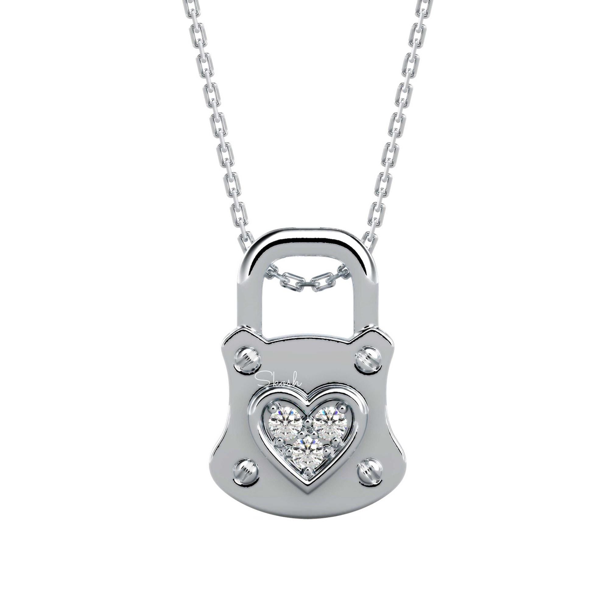 Heart Lock Diamond Charm Pendant Necklace