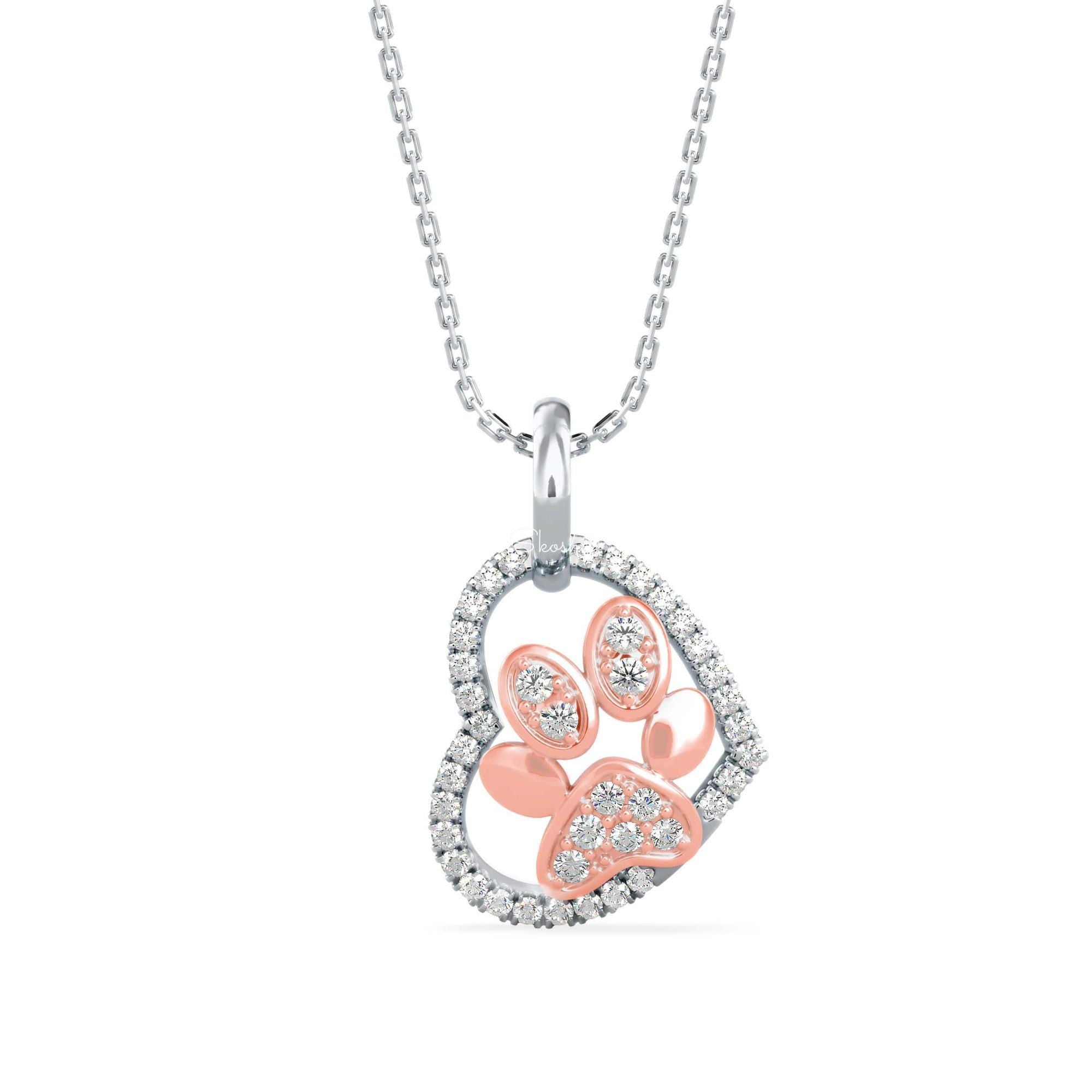 Heart Dog Paw Diamond Charm Pendant Necklace
