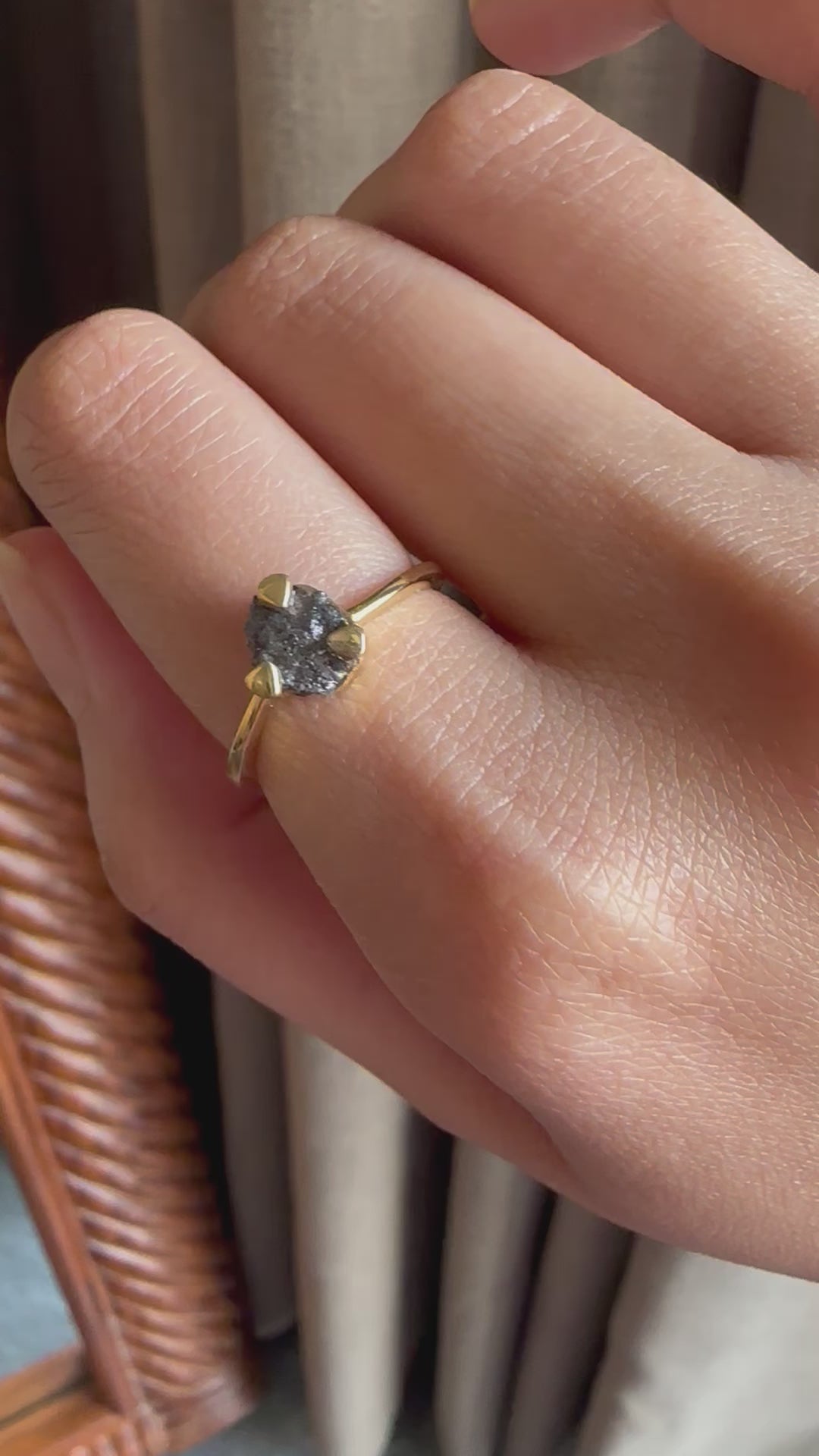 Raw Black Diamond Ring with Round Prong Setting Engagement Ring