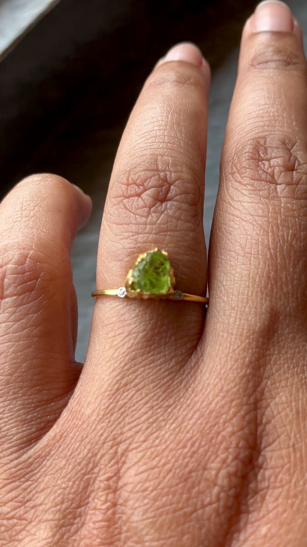 Natural Raw Peridot & Diamond August Birthstone Ring in 14K Solid Gold, Engagement Ring, Promise Ring, Unique Gift For Her For Mom by Skosh