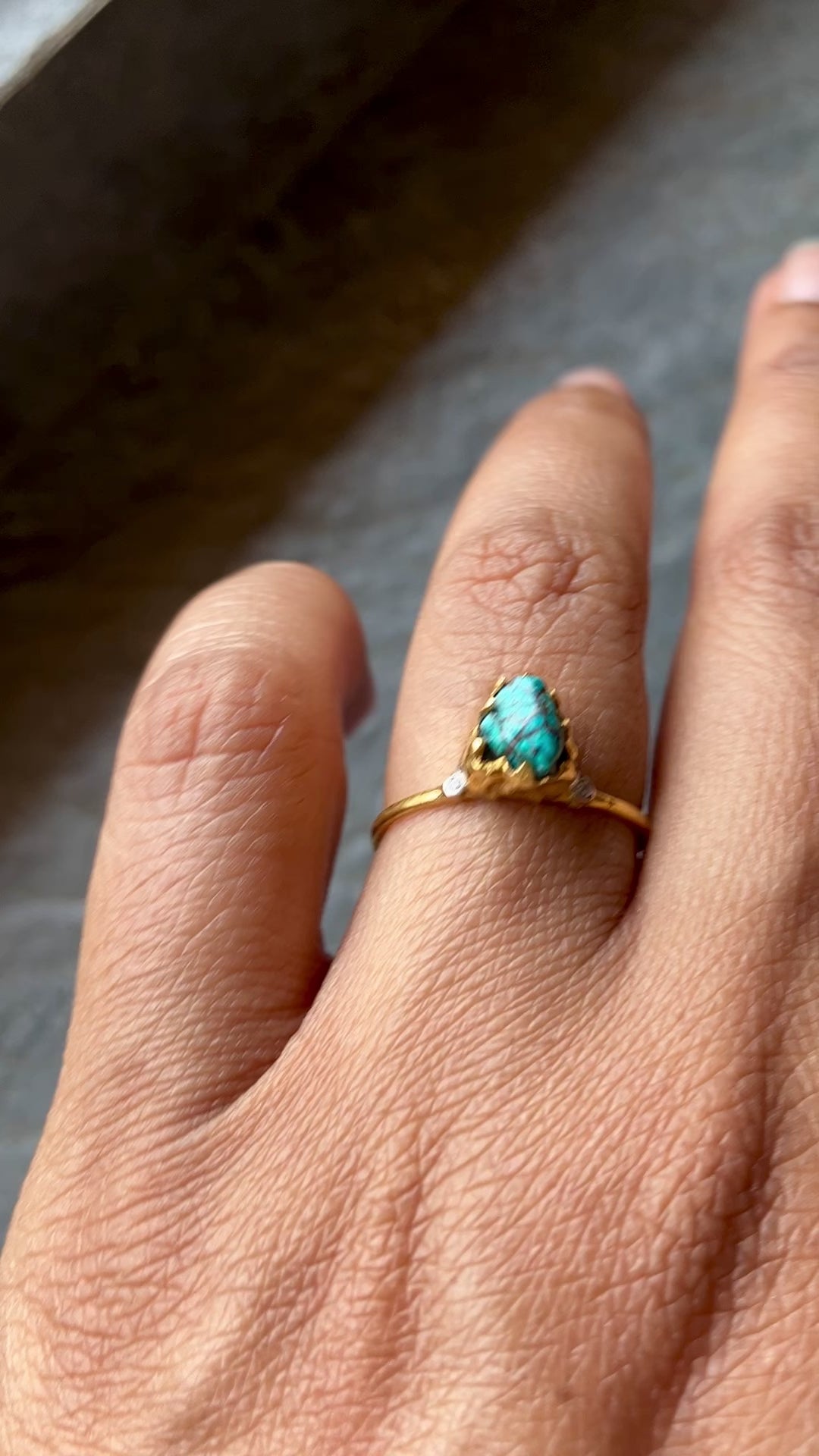 Natural Raw Turquoise & Diamond December Birthstone Ring in 14K Solid Gold, 3 Stone Engagement Ring, Promise Ring, Unique Personalised Gift