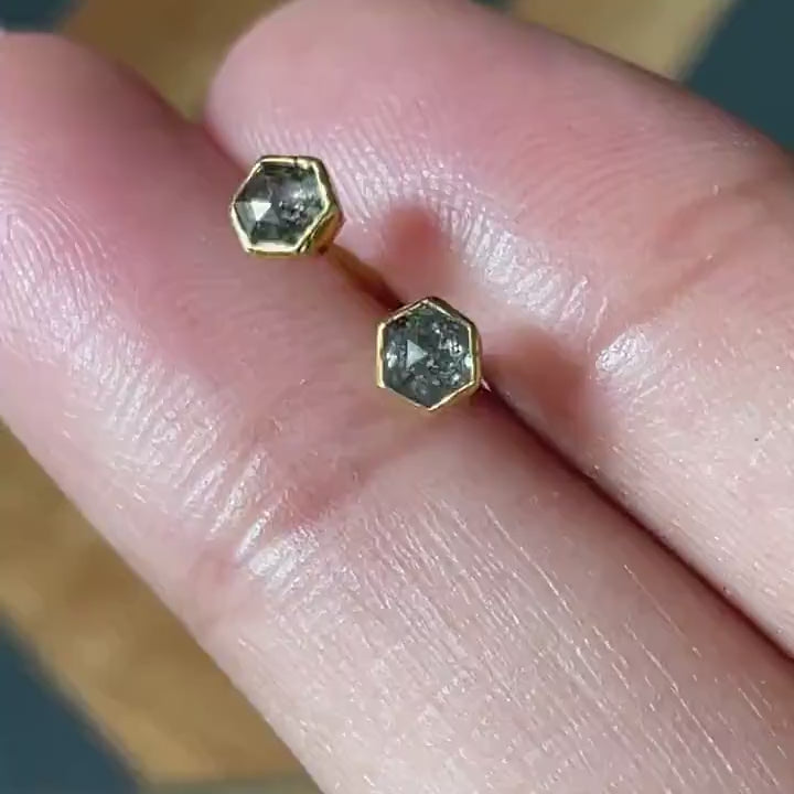 Hexagon Rose Cut Salt and Pepper Minimalist Diamond Stud Earrings