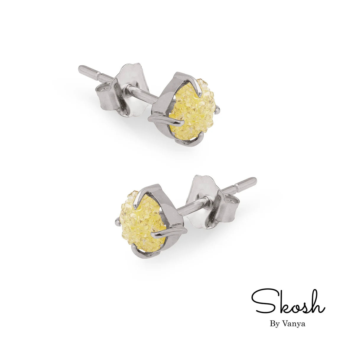 Rough Raw Yellow Diamond Stud Earring, Minimalistic Jewelry in 14K Solid Gold with 4 Gold Prong For Women by Skosh, Perfect Gift