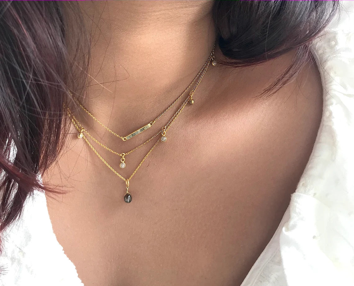 Minimalist Salt and Pepper Diamond Choker Necklace in 14K Solid Gold - A Perfect Bridal or Birthday Gift for Her