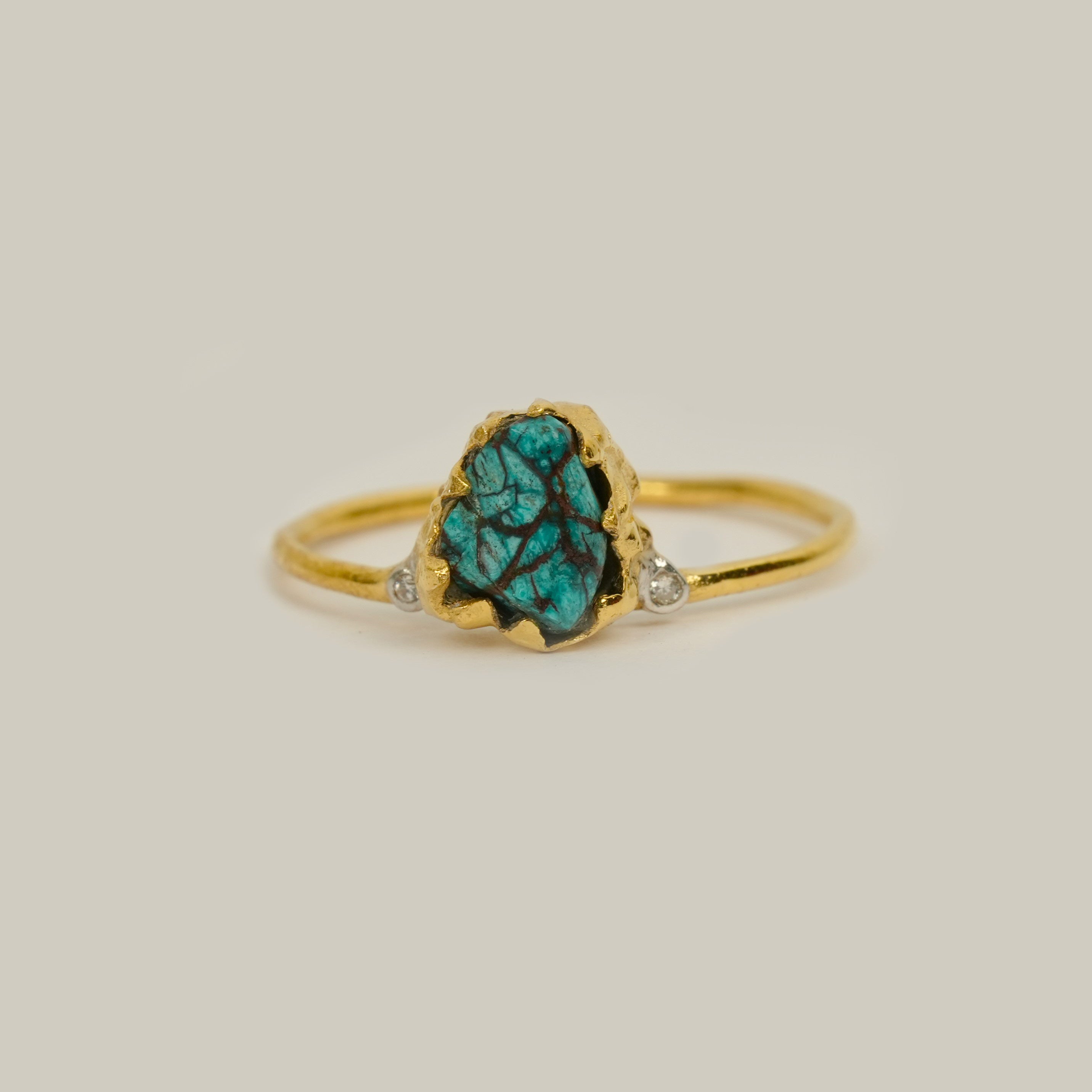 Natural Raw Turquoise & Diamond December Birthstone Ring in 14K Solid Gold, 3 Stone Engagement Ring, Promise Ring, Unique Personalised Gift